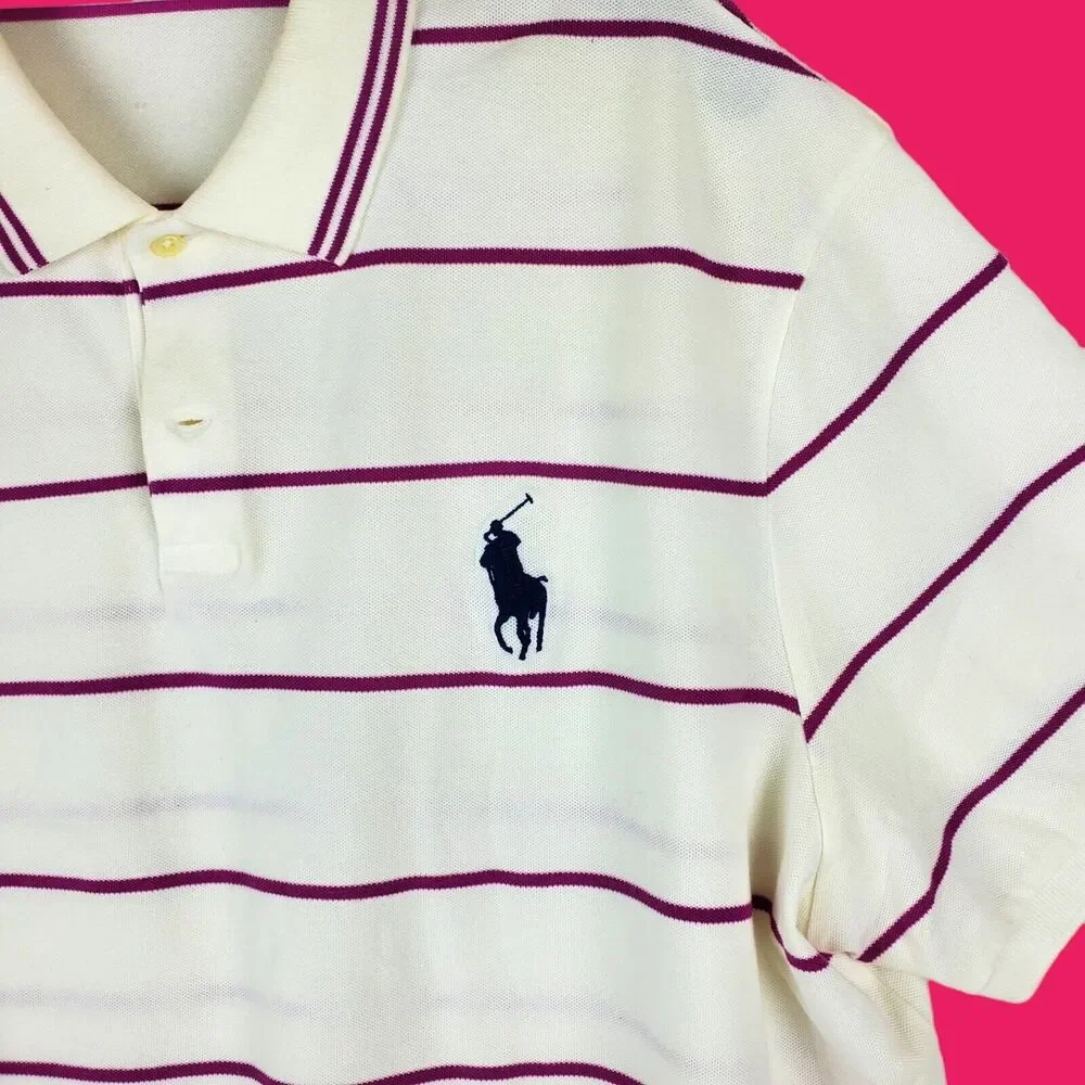 POLO Ralph Lauren Polo Shirt Mens XXL White Pink Striped Casual Outdoor Preppy